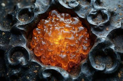 The primary subject of the image is a yellow, gooey substance, possibly a jelly or a wax, sitting on a black surface. The setting appears to be a close-up of the substance, possibly on a table or a counter. The visual style of the image is a photo, capturing the details of the substance and its surroundings. The colors and mood of the image are predominantly dark, with the yellow substance standing out as the main focal point.