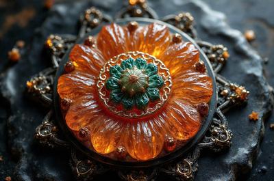 The primary subject of the image is a decorative piece featuring a flower design. The setting is a black background, which contrasts with the vibrant colors of the flower. The visual style is a combination of digital art and illustration, creating a unique and eye-catching design. The dominant colors are orange and green, giving the piece a warm and lively atmosphere.