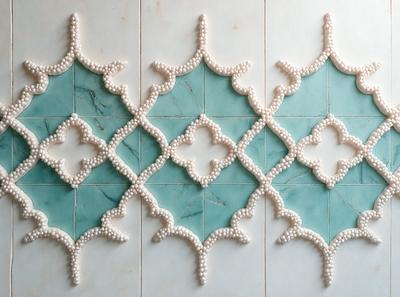 The primary subject of the image is a decorative tile wall featuring a pattern of white pearls and blue tiles. The setting is a bathroom, and the visual style is a combination of photo and digital art. The dominant colors are white and blue, creating a clean and elegant atmosphere.