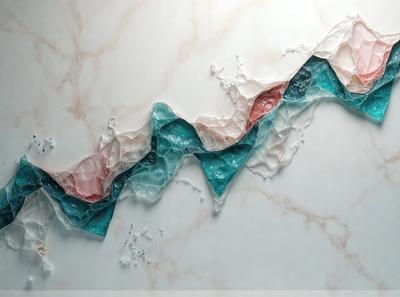 The primary subject of the image is a marble-like surface with a blue, red, and white gradient. The setting is a white marble wall, and the visual style is a combination of digital art and illustration. The dominant colors are blue, red, and white, creating a vibrant and visually appealing scene.
