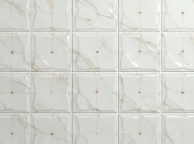 The primary subject of the image is a white marble tile wall. The setting is a bathroom, as indicated by the presence of the marble tiles. The visual style is a close-up of the tiles, showcasing their texture and design. The colors and mood of the image are predominantly white, giving it a clean and elegant appearance.