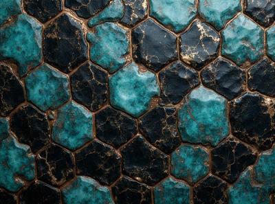 The primary subject of the image is a close-up of a blue and black tile pattern. The setting is a wall with the tiles covering it. The visual style is a photo of the tile pattern. The dominant colors are blue and black, creating a bold and striking appearance.