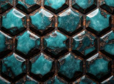 The primary subject of the image is a close-up of a blue and green tile pattern. The setting is a wall with a pattern of blue and green tiles. The visual style is a close-up of the tiles, showcasing the intricate design. The colors and mood of the image are predominantly blue and green, creating a calm and soothing atmosphere.