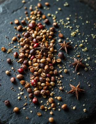 The primary subject of the image is a close-up of a variety of spices, including star anise, on a black surface. The spices are scattered across the surface, creating a visually appealing and colorful display. The setting appears to be a kitchen or a similar environment where spices are commonly used. The visual style of the image is a close-up, which emphasizes the details of the spices and their arrangement. The colors and mood of the image are vibrant and inviting, with the black