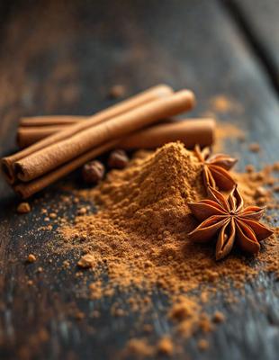 The primary subject of the image is a pile of cinnamon, which is the main focus of the scene. The setting is a wooden table, and the visual style appears to be a photo. The colors in the image are predominantly brown, which gives the scene a warm and cozy atmosphere.