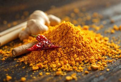 The primary subject of the image is a pile of yellow spices, possibly turmeric, sitting on a wooden table. The setting is a kitchen or dining area, with a wooden table as the background. The visual style is a close-up of the spices, showcasing their vibrant color and texture. The colors and mood of the image are warm and inviting, with the yellow spices creating a sense of freshness and natural flavors.
