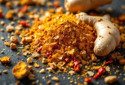 The primary subject of the image is a pile of ground ginger, which is a spice made from the root of the ginger plant. The ginger is sitting on a table, and it appears to be freshly ground. The setting is a table, and the visual style is a close-up of the ginger. The colors and mood of the image are warm and inviting, as ginger is often associated with comfort food and spicy dishes.