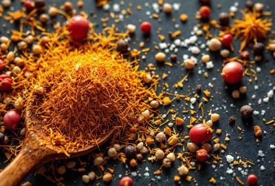 The primary subject of the image is a pile of spices, including orange and red peppers, scattered on a table. The setting is a black table, and the visual style appears to be a close-up of the spices. The colors and mood of the image are predominantly orange and red, creating a warm and vibrant atmosphere.
