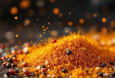 The primary subject of the image is a pile of spices, predominantly orange in color. The spices are scattered on a surface, which appears to be a table. The setting is a kitchen, as indicated by the presence of the spices. The visual style of the image is a close-up, focusing on the spices and their details. The colors and mood of the image are vibrant and lively, with the orange spices being the main focus.