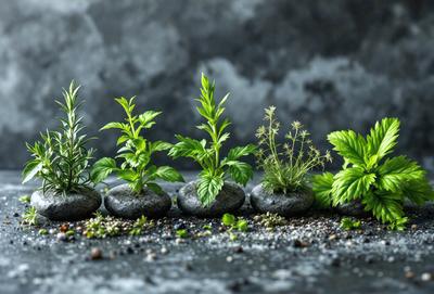 The primary subject of the image is a collection of five small plants, each placed on a rock. The plants are arranged in a row, with one plant on the left, two plants in the middle, and two plants on the right. The setting is a black background, which contrasts with the plants and rocks, emphasizing their details. The visual style is a close-up of the plants, showcasing their intricate structures and textures. The colors and mood of the image are predominantly dark, with the plants and