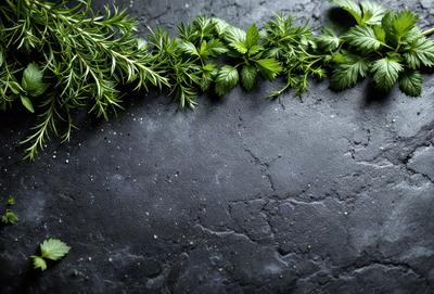 The primary subject of the image is a close-up of a green herb, possibly parsley, with a few sprigs of it. The herb is placed on a black surface, which could be a table or a countertop. The setting appears to be indoors, with the herb being the main focus of the image. The visual style is a close-up, which emphasizes the details of the herb. The colors in the image are predominantly green, which gives the image a fresh and natural atmosphere
