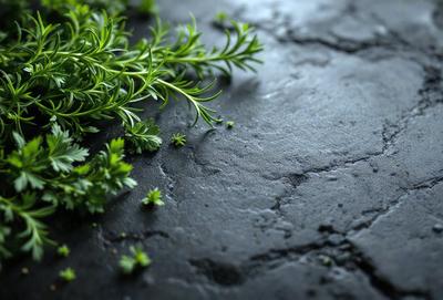 The primary subject of the image is a close-up of a green herb, possibly parsley, with some leaves and stems. The herb is placed on a black surface, which could be a table or a countertop. The setting appears to be indoors, with the herb being the main focus of the image. The visual style is a close-up, which emphasizes the details of the herb. The colors in the image are predominantly green, which adds to the natural and fresh atmosphere of the