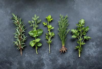 The image features a collection of six different types of plants, each with varying heights and shapes. They are arranged in a row on a black surface, which could be a table or a countertop. The plants are displayed in a visually appealing manner, showcasing their unique characteristics. The primary subject of the image is the diverse assortment of plants, while the setting/background is the black surface they are placed on. The visual style of the image is a close-up of the plants, allowing for a detailed view of