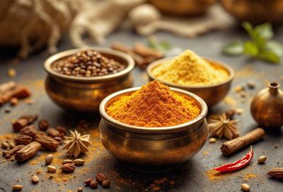 The primary subject of the image is a collection of spices and seasonings, including cinnamon, nutmeg, and other spices. These spices are displayed in various bowls and cups, with some placed on a table. The setting is a kitchen or dining area, where the spices are arranged for easy access and use in cooking. The visual style is a close-up of the spices, showcasing their colors and textures. The overall atmosphere is warm and inviting, as the sp