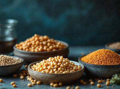 The primary subject of the image is a bowl filled with yellow beans. The setting is a table with a blue background. The visual style is a photo of the beans in a bowl. The colors and mood of the image are warm and inviting, with the yellow beans being the main focus.