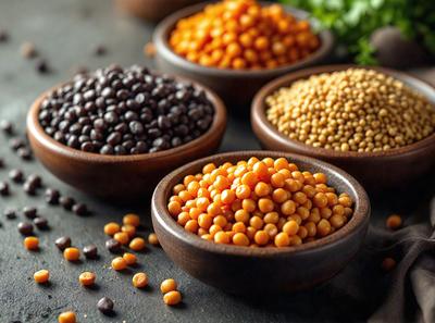 The image features a table with four bowls filled with different types of beans. The bowls are placed in a row, with each bowl containing a distinct bean variety. The beans are displayed in various colors, adding visual interest to the scene. The table serves as the primary subject, while the beans and bowls create a sense of abundance and variety. The overall atmosphere is one of freshness and natural beauty.