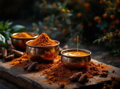The primary subject of the image is a bowl filled with orange spices, placed on a wooden table. The setting is an outdoor environment, with a tree in the background. The visual style is a photo, capturing the details of the spices and the wooden table. The dominant colors are orange and brown, creating a warm and inviting atmosphere.