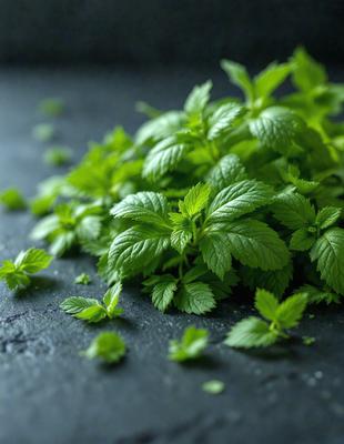 The primary subject of the image is a close-up of fresh mint leaves. The leaves are green and appear to be freshly cut. The setting is a black surface, which provides a contrasting background for the vibrant green leaves. The visual style is a close-up of the mint leaves, showcasing their texture and details. The colors and mood of the image are predominantly green, creating a fresh and natural atmosphere.
