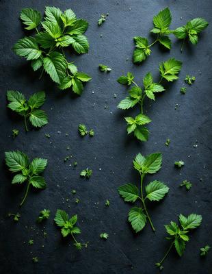 The primary subject of the image is a close-up of green leaves, which are the main objects in the scene. The leaves are arranged on a blue surface, which serves as the background. The visual style of the image is a photo, capturing the natural beauty of the leaves. The dominant colors in the image are green and blue, creating a calm and serene atmosphere.