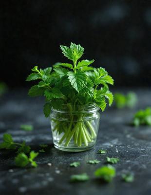 The primary subject of the image is a glass jar filled with fresh mint leaves. The setting is a dark background, which contrasts with the bright green color of the mint leaves. The visual style is a close-up of the jar, showcasing the freshness and vibrancy of the mint. The colors and mood of the image are lively and refreshing, with the green mint leaves being the focal point of the scene.