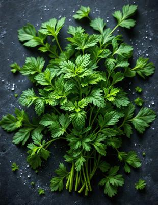 The primary subject of the image is a close-up of a bunch of green herbs, possibly parsley, sitting on a black surface. The herbs are arranged in a way that they appear to be growing out of the table. The setting is a black table, and the visual style is a close-up of the herbs. The colors and mood of the image are predominantly green, giving it a fresh and natural appearance.