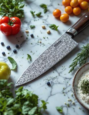 The primary subject of the image is a large knife with a wooden handle, placed on a marble countertop. The knife is surrounded by various fruits and vegetables, including tomatoes, oranges, and blueberries. The setting is a kitchen, with the countertop being the main focus of the scene. The visual style is a realistic representation of the knife and the fruits and vegetables. The colors and mood of the image are vibrant and fresh, with the knife and the fruits