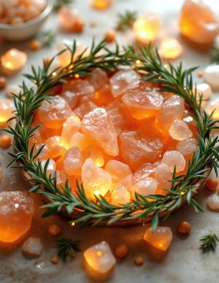 The primary subject of the image is a bowl filled with small, lighted crystals. The bowl is placed on a table, and the crystals are illuminated by a light source, creating a visually appealing and unique display. The setting appears to be indoors, with the bowl being the main focus of the scene. The visual style of the image is a combination of photo and digital art, as the lighted crystals are captured in a close-up shot, while the overall composition and