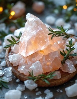 The primary subject of the image is a pink crystal, which is placed on a wooden tray. The setting is a natural environment, with a potted plant and a bowl of salt nearby. The visual style is a close-up of the pink crystal, and the colors and mood are warm and inviting.