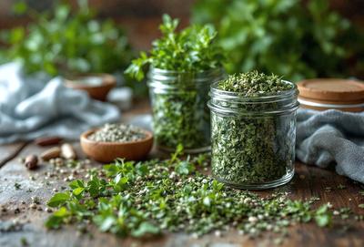 The primary subject of the image is a close-up of a jar filled with fresh herbs. The jar is placed on a wooden table, and the herbs inside the jar are green in color. The setting is a kitchen or a similar environment where herbs are commonly used. The visual style of the image is a close-up, which emphasizes the details of the herbs in the jar. The colors and mood of the image are fresh and natural, as the herbs are green and the wooden table adds a warm and natural