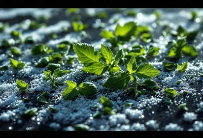 The primary subject of the image is a close-up of a plant with green leaves and small white flowers. The plant is surrounded by a snowy environment, which adds a contrasting element to the scene. The visual style of the image is a photo, capturing the details of the plant and its surroundings. The colors in the image are predominantly green and white, creating a serene and peaceful atmosphere.