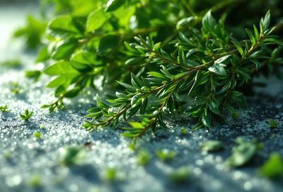 The primary subject of the image is a close-up of a green plant with leaves and stems. The plant is placed on a surface that appears to be a combination of sand and water, creating a unique and visually interesting environment. The setting is outdoors, with the plant surrounded by a natural landscape. The visual style of the image is a close-up, focusing on the intricate details of the plant. The colors in the image are predominantly green, which adds to the natural and serene atmosphere of the scene
