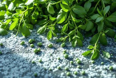The primary subject of the image is a close-up of a pile of green peas. The peas are scattered on a black surface, which could be a table or a countertop. The setting appears to be indoors, with a leafy plant in the background. The visual style of the image is a close-up, focusing on the details of the peas. The colors in the image are predominantly green, with the peas being the main focus and the leafy plant adding a touch of greenery