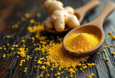 The primary subject of the image is a wooden spoon filled with a yellow substance, likely a spice or a sauce. The spoon is placed on a wooden table, which serves as the setting for the scene. The visual style of the image is a close-up of the spoon, showcasing the yellow substance inside. The colors and mood of the image are predominantly yellow, giving it a warm and inviting atmosphere.