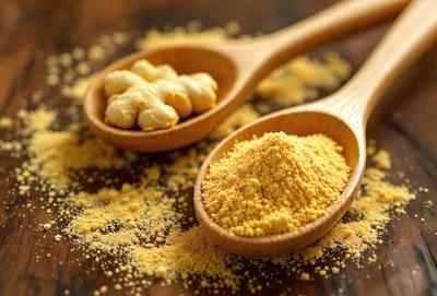 The primary subject of the image is a wooden spoon filled with a yellow powder, likely a nut or a grain. The spoon is placed on a wooden table, which serves as the setting for the scene. The visual style of the image is a close-up of the wooden spoon, highlighting the yellow powder inside. The colors and mood of the image are warm and inviting, with the yellow powder and wooden table creating a sense of comfort and familiarity.