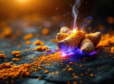 The primary subject of the image is a close-up of a pile of orange and yellow candles. The candles are placed on a black surface, which adds a contrasting element to the scene. The visual style of the image is a combination of photo and digital art, creating a unique and eye-catching presentation. The dominant colors in the image are orange and yellow, which evoke a warm and inviting atmosphere.