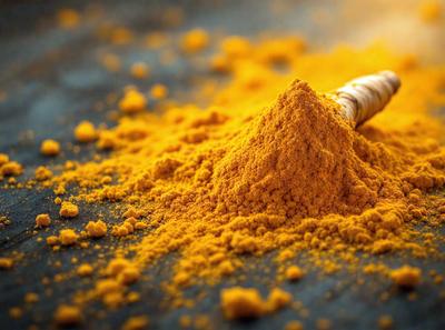 The primary subject of the image is a pile of yellow spices, possibly turmeric, sitting on a table. The setting is a table with a surface that appears to be a grey or black color. The visual style of the image is a close-up of the spices, showcasing their vibrant yellow color. The overall atmosphere of the image is warm and inviting, with the spices likely being used for cooking or other culinary purposes.