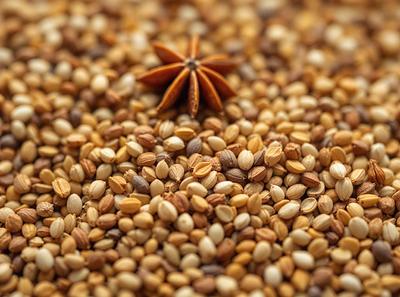 The primary subject of the image is a pile of grains, which includes seeds and nuts. The setting is a table, and the visual style is a close-up of the grains. The colors and mood of the image are predominantly brown and earthy, giving it a natural and rustic appearance.