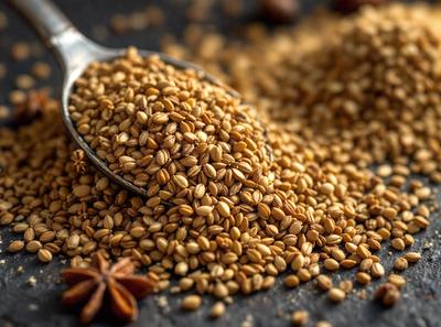 The primary subject of the image is a spoon filled with grains, likely rice or beans. The spoon is placed on a surface, which could be a table or a counter. The setting appears to be a kitchen or a dining area. The visual style of the image is a close-up of the spoon and the grains, showcasing the details of the food item. The colors in the image are predominantly neutral, with the grains being the main focus. The overall atmosphere of the image is one