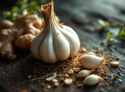 The primary subject of the image is a close-up of a garlic bulb, with its cloves still attached. The garlic is placed on a rock surface, which serves as the setting for the scene. The visual style of the image is a photo, capturing the details of the garlic and its surroundings. The colors in the image are predominantly earthy tones, such as brown and green, which create a natural and earthy atmosphere.