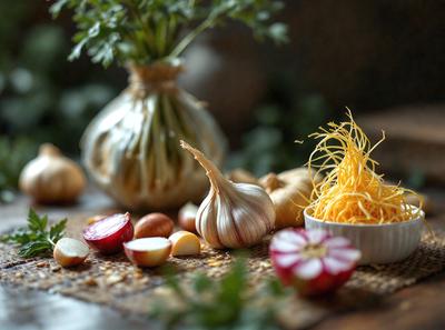 The primary subject of the image is a close-up of a garlic bulb, which is the main focus of the scene. The setting is a table with a variety of food items, including a bowl of cheese and a pile of onions. The visual style is a close-up, which emphasizes the details of the garlic bulb and the surrounding food items. The colors and mood of the image are predominantly earthy and natural, with the garlic bulb being the most prominent and vibr