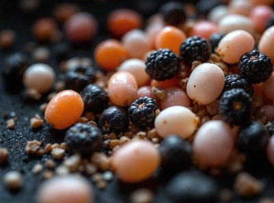 The primary subject of the image is a close-up of a variety of fruits, including berries and other types of fruit. The setting is a black surface, which contrasts with the vibrant colors of the fruits. The visual style appears to be a close-up of the fruits, possibly a photo or a digital art piece. The colors and mood of the image are lively and inviting, with the fruits being the main focus of the scene.