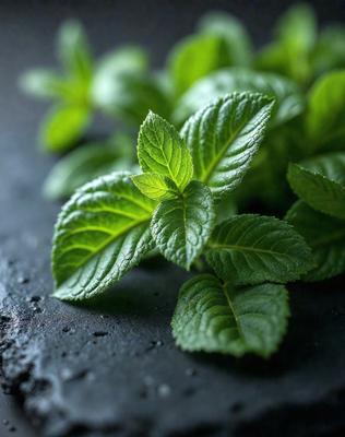 The primary subject of the image is a close-up of a green plant, possibly mint, with leaves and stems. The plant is placed on a black surface, which contrasts with the green color of the plant. The setting appears to be a dark room, with the plant being the main focus of the image. The visual style is a close-up, which emphasizes the details of the plant. The colors and mood of the image are predominantly dark, with the green plant being the only source of color and light.
