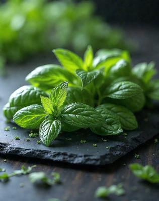 The primary subject of the image is a close-up of fresh mint leaves. The leaves are green and appear to be freshly picked. The setting is a black surface, possibly a table or a countertop. The visual style is a close-up, which emphasizes the details of the leaves. The colors are predominantly green, and the overall atmosphere is fresh and natural.