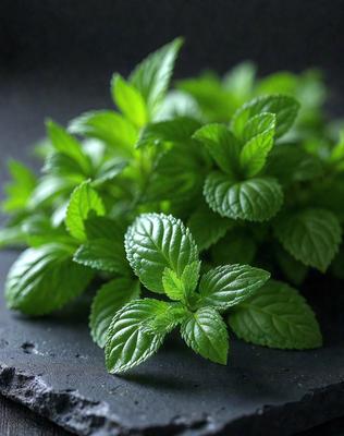The primary subject of the image is a close-up of a green plant, possibly mint, with a few leaves visible. The plant is placed on a black surface, which serves as the setting or background. The visual style of the image is a close-up, which emphasizes the details of the plant. The colors in the image are predominantly green, which gives the image a fresh and natural atmosphere.