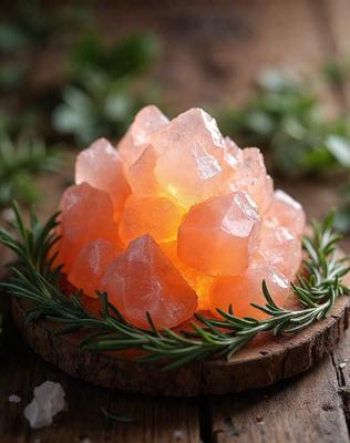 The primary subject of the image is a cluster of pink crystals, possibly salt or sugar, sitting on a wooden surface. The setting is a natural environment, with a green plant nearby. The visual style is a close-up of the crystals, showcasing their unique texture and color. The colors and mood of the image are warm and inviting, with the pink crystals and green plant creating a sense of freshness and natural beauty.