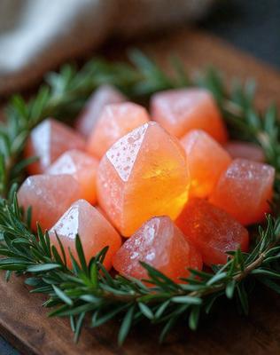 The primary subject of the image is a wreath made of pink and orange crystals. The wreath is placed on a wooden surface, which serves as the setting or background. The visual style of the image is a close-up of the wreath, showcasing the intricate details of the crystals. The colors of the crystals are predominantly pink and orange, creating a warm and inviting atmosphere.