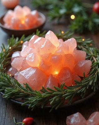 The primary subject of the image is a bowl filled with small, glowing crystals. The setting is a wooden table, and the visual style appears to be a photo. The dominant colors in the image are orange and white, creating a warm and inviting atmosphere. The crystals are arranged in a visually appealing manner, making the scene both aesthetically pleasing and intriguing.