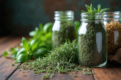 The primary subject of the image is a jar filled with herbs, which is placed on a wooden table. The jar is surrounded by several sprigs of herbs, creating a visually appealing and natural scene. The setting appears to be a kitchen or a similar environment where herbs are commonly used. The visual style of the image is a close-up of the jar and herbs, showcasing the details and textures of the plants. The colors and mood of the image are predominantly green, which is associated with