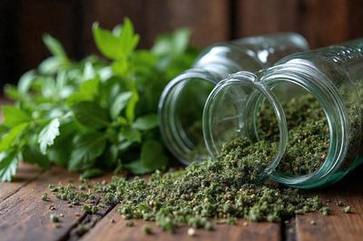 The primary subject of the image is a close-up of a glass jar filled with green herbs. The jar is placed on a wooden table, which serves as the setting for the scene. The visual style of the image is a photo, capturing the details of the herbs and the jar. The colors in the image are predominantly green, which gives the scene a fresh and natural atmosphere.