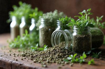 The primary subject of the image is a collection of jars filled with herbs and plants. The jars are placed on a wooden table, and the herbs and plants are growing out of them. The setting is a natural environment, with the herbs and plants being the main focus of the image. The visual style is a close-up of the jars and the plants, showcasing the details of the herbs and plants. The colors and mood of the image are predominantly green, with a sense of freshness